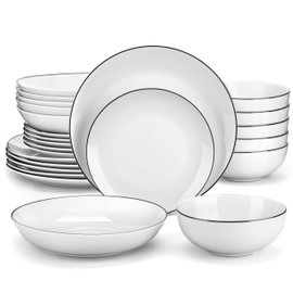 MALACASA 24-Piece Gourmet Porcelain Dinnerware Sets, Modern White with Black Rim Round Dish Set for 6 - Premium Serving Plates and Bowls Sets for Dessert, Salad, Soup, Pasta - Series AMELIA