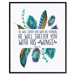 He Will Cover You With His Feathers Wall Art - Scripture Bible Verse Wall Decor - Religious Christian Gifts for Women, Girls - Inspirational Spiritual Room Decoration - Feathers Wall Decor - Psalm 91