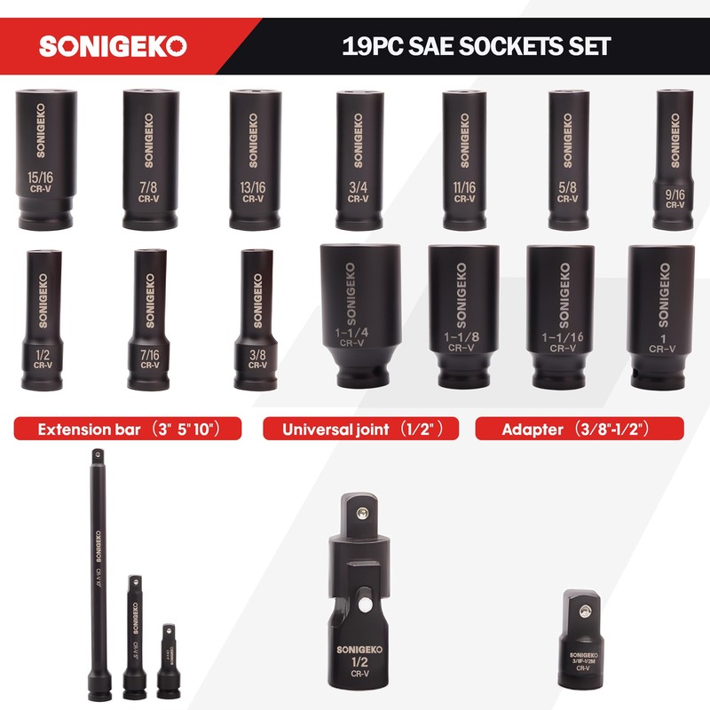 SONIGEKO Socket Set 1/2" Drive Impact Socket Set,19-Piece 6 Point