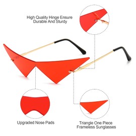 4 Pairs Triangle Sunglasses Frameless Space Eye Sunglasses Rimless Pointy Glasses Men Party Prom Eyewear for Women and Men(Red, Gray)