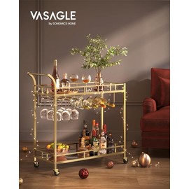VASAGLE Bar Cart Gold, Home Bar Serving Cart, Wine Cart with 2 Mirrored Shelves, Wine Holders, Glass Holders, for Kitchen, Dining Room, Gold ULRC090A03