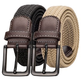 Alphyly Neries 2 Pack Mens Elastic Belt, Braided Golf Belt For Men, Canvas Fabric Stretch Belt, Black Khaki For Waist 36-39''