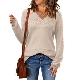 Zeagoo Womens Long Sleeve Sweater Fall Soft Knit Jumper V Neck Elegant Loose Sweatshirt Thin Plain Knitwear Pullover Light Brown M