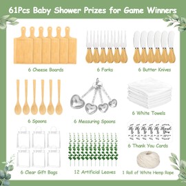 61Pcs Baby Shower Prizes for Game Winners Adults 6 Sets Wedding Bridal Party Favors for Guests with Bamboo Cheese Board Butter Spreaders Forks Measuring Spoons Kitchen Towels Thank You Gift（Square）