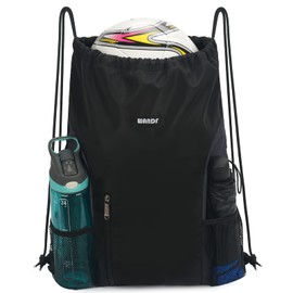 WANDF Gym Sack Drawstring Bag Shoe Storage Waterproof Lightweight Swimming Sports Travel.., Black, M