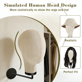 mcwdoit Mannequin Head Stand Wall Mount for Wigs with Realistic 21.7 Inch Canvas Block - Stylish Display and Storage for Wigs, Hats, Caps, Headdresses, and Accessories - Durable Rustic Hat Rack for Home or Salon Use
