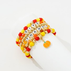 Aigrnc Thanksgiving Fall Beaded Bracelets For Women Thanksgiving Stackable Gold Beaded Bracelets Set Pumpkin Braeclet Autumn Jewelry Thanksgiving Gift