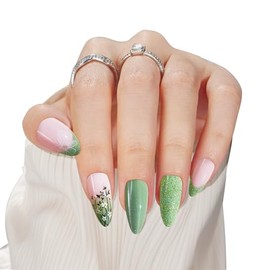 Uñas francesas con punta verde almendra, 24 piezas, 12 tamaños, kit de uñas postizas francesas con flores verdes y rosas, uñas adhesivas de longitud m