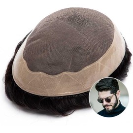 Prótesis capilar de cabello humano for hombres, tupé for hombres, parte superior monocromática con revestimiento de polietileno alrededor(Off Black,6x8)