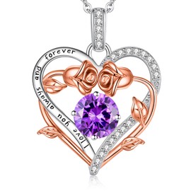 Lomantise Heart Birthstone Necklaces for Women, 925 Sterling Silver Rose Heart Necklace Wife Gifts Anniversary Birthday Jewelry Gifts for Women Girlfriend Her Mom