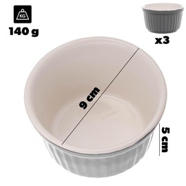 KADAX Soufflé Moulds Set, 3 Pieces, Diameter 9 cm, Crème Brulee Bowls, Small Ceramic Oven Moulds for Creme Brulee, Souffle & Ragout Fin (Grey)