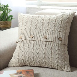 vctops Cotton Cable Knit Pillow Cover Soft Warm Throw Pillow Case Cushion Cover Decorative Pillow Cover with Buttons (Beige, 18x18 inches)