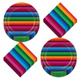 Fiesta Party Serape Pattern Striped Paper Dessert Plates and Beverage Napkins (Serves 16)