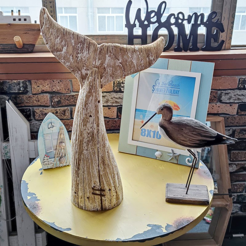 Wood Whale Tail Table Top Statue Figurines 19.5" H Rustic