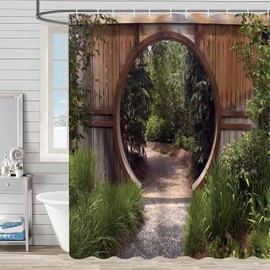FAIRYGATE Garden Shower Curtain Outdoor Garden Scenery Green Botany Leaves Natural Village Bath Curtain Round Wooden Door Farmhouse Vintage Bathtub Curtains for Bathroom Decor with Hooks B8524