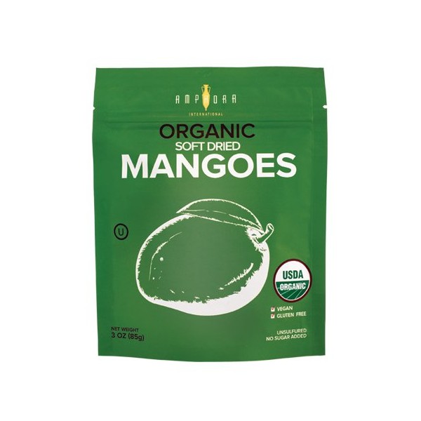 Amphora Dried Mango - Organic Soft Dried Mangoes No Sugar Added - Vegan and Gluten-Free Snack - 3 Oz (Pack of 6)