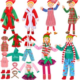 Jenaai 12 Pieces Christmas Elf Doll Accessories Set Elf Clothes Mini Outfit Include Doll Skirt Fluffy Vest Bathrobe Swing Sleeping Bag Scarf Apron Hats Socks(Lovely)