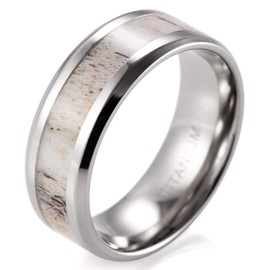 SHARDON Men's 8mm Beveled Edge Titanium Wedding Ring with Real Deer Antler Inlay Size 10.5