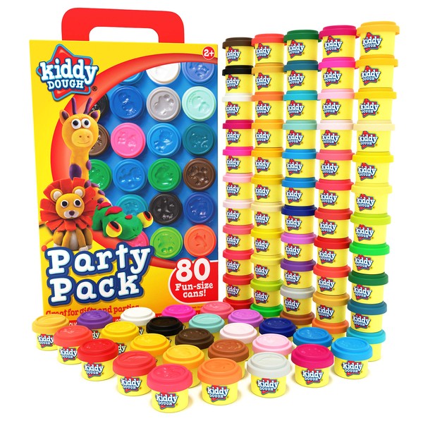 Kiddy Dough 80 Pack of Dough - School & Birthday Party Favors Bulk Clay Classpack - Includes Molded Animal Shaped Lids - Holiday Christmas Gift Edition – (1oz Dough Tubs - 80oz Total) Gift for Kids