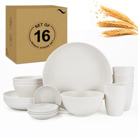 16-Piece Kitchen Plastic Wheat Straw Dinnerware Set, Service for 4, Unbreakable Plastic Dish Set - Dinner Plate/Soy Sauce Dishes/Cereal Bowl/Cup, for Apartment Basics, Outdoor Camping,White