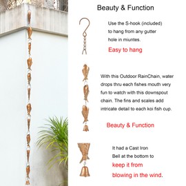 Phaxth Copper Patina Rain Chain with Rainbow Trout for Heavy Rain, Functional and Decorative Replacement Downspout Chain for Outside, Rain Catcher Chain for Gutters, 8.5FT