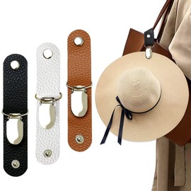 JEYORZY Set of 3 Travel Hat Clips Made of PU Leather for Bags, Multifunctional Hat Holder, Sun Hat Clips for Men and Women (Black, Brown and White)