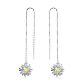 Daisy Earrings Sterling Silver Daisy Threader Earrings Pull Through Chain Earrings Daisy Dangle Earrings Jewelry Gifts for Women Girls