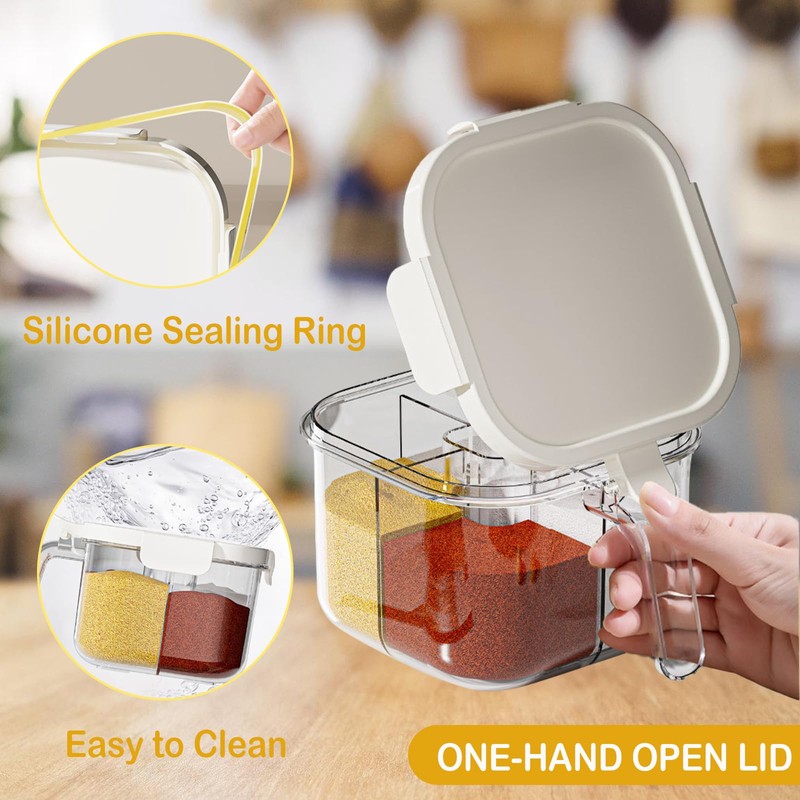 REIKOMO 4-Compartment Clear Seasoning Box with Lids and Spoons, Airtight