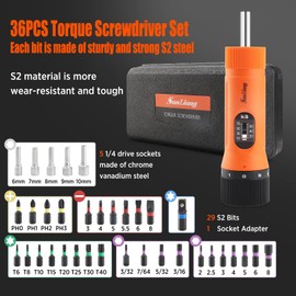 Sanliang 36Pcs Torque Screwdriver Wrench Driver Set 10-70 Inch Pounds lbs with 29 S2 Bits，5 Drive Sockets ，1/4" Socket Adapter for Maintenance,Tools, Bike Repairing and Mounting.