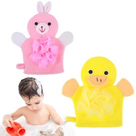 Gjinxi 2 Pcs Bath Mitt Washcloths Gloves, Cute Cartoon Exfoliating Glove Body Scrubber, Gentle Soft Scrub Bath Loofahs Sponges for Kids Shower Washing (Pink Rabbit and Yellow Duck)