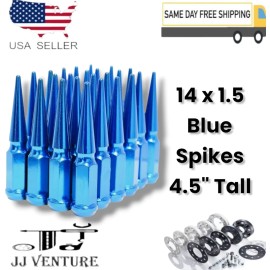 JJ 32 PCS GMC FORD CHEVY RAM 14X1.5 THREAD BLUE SPIKE LUG NUTS 4.5" TALL + KEY