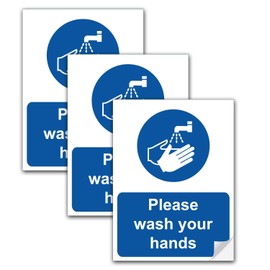 SAFESIGN (3 Pack) Please Wash Your Hands Sign Stickers A5 200 X 150mm - Food Hygiene Health Water Proof Vinyl Conforms to EN ISO 7010:2012