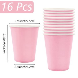 POPOYU 16Pcs Pink Party Paper Cups,Pink Party Tableware Decor Pink Disposable Paper Cup Pink Plates for Kids Pink Party Supplies Table Decorations