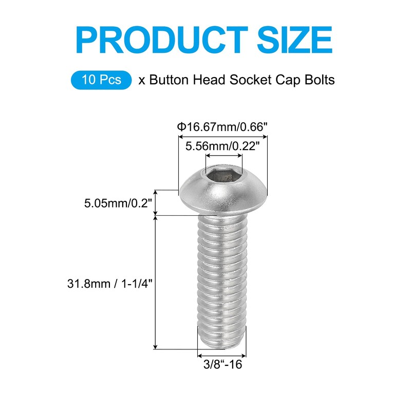 PATIKIL 3/8-16x1-1/4" Button Head Socket Cap Screws, 10 Pcs 304