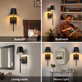 IZOKIN Battery Operated Wall Sconce Rechargeable Wireless Cordless Wall lamp Decor Set of one Black for Bedroom Living Room Bedside