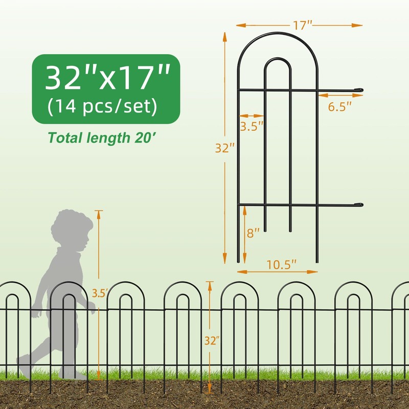 FOREHOGAR Garden Fence Border 32inX20ft Black Metal Wire Garden Fencing