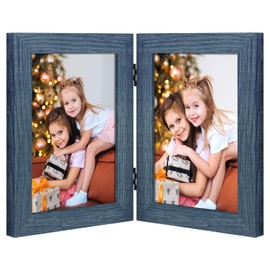 Frametory, 5x7 Double Picture Frame - Real Glass Hinged 2 Photos Collage, Desktop Picture Frame Standing Vertical (Blue, 1 Pack)