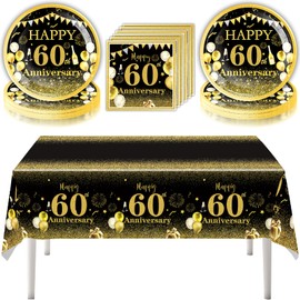 41pcs 60th Anniversary Party Plates Napkins Tableware Tablecloth Set, Black and Gold Sixty Years Old Wedding Anniversary Disposable Party Dinnerware for Wedding Party Supply (60th Anniversary)