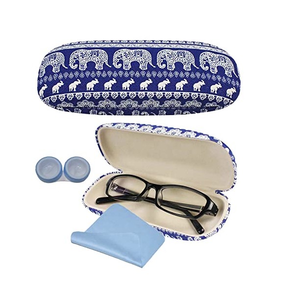 SwirlColor Glasses Case Bohemia Elephant Print Glasses Case Hard Shell with Blue Cleaning Cloth (Blue Glasses Case)