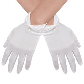 White Satin Gloves for Women Wrist Length Gloves 1920s Pearl Bridal Wedding Gloves for Banquet, Opera, Tea Party, Tuxedo, and Uniform Dress