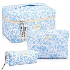 Zeyune 3 Bolsas de Maquillaje Acolchadas de Algodón Bolsa de Maquillaje de Coqueta Grande Bolsa de Maquillaje Floral Estética de Viaje Bolsa de Cosméticos de Aseo con Cremallera (Flor Azul)