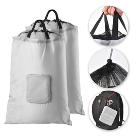 Travel Laundry Bags, 2Pcs JHX Foldable Dirty Clothes Bag 【Upgraded】 with Fixed Drawstring Net, Handles and Carabiner, Portable Laundry Bags for Travel, Fitness, and Students (Gray) 30"H x 21"W