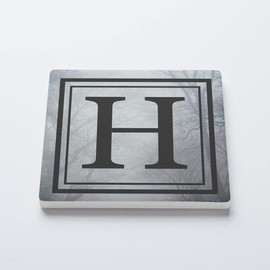 Absorbent Ceramic Drink Coaster with Cork Back, Artist Designed, 4”x4” Individual Square Coaster, Protects Tabletop, Great Housewarming Gift (H - Gothic Tree Letters)