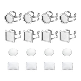 sourcing map 8Pcs Metal Ring Base Blank, 12mm Adjustable Cabochon Ring Blank Base Pad Flat Bezel Tray with 8Pcs Clear Glass Cabochon for Jewelry Making DIY Carvings (Silver)