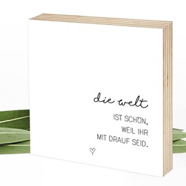 Wunderpixel® Holzbild Die Welt ist schön (Mehrzahl) - 15x15x2cm zum Hinstellen/Aufhängen, echter Fotodruck mit Spruch auf Holz - schwarz-weißes Wand-Bild Aufsteller zur Dekoration oder Geschenk-Idee