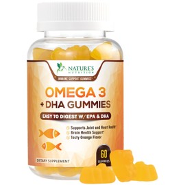Omega 3 Fish Oil Gummies, Heart Healthy Omega 3 Gummy Supplement with High Absorption DHA & EPA, Extra Strength Joint & Brain Support, Delicious Orange Flavor Fish Oil Nature's Vitamin - 60 Gummies