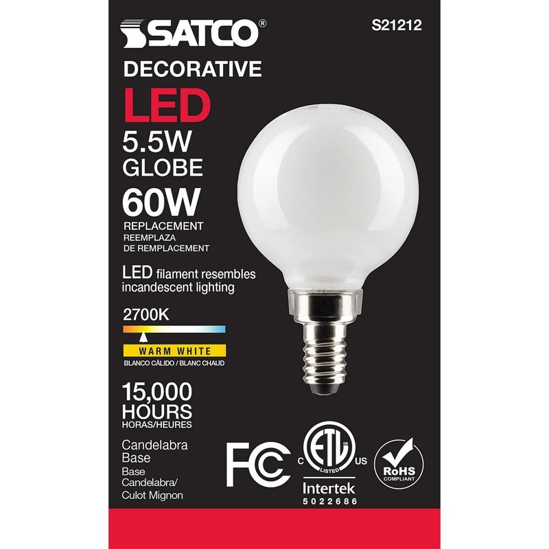 Satco 5.5-Watt LED E12 Light Bulb, 2700K, 15000 Hour Rating,