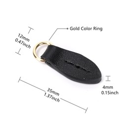 6Pcs Leather Zipper Pull Leaf-Shaped Tag with Gold Ring for Repairing Replacement Zipper Head, Boots, Clothes, Bags，Jacket (Black)