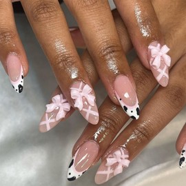 French Tip Press on Nails Pink Medium Almond Fake Nails with 3D Bow Design Cow Print Glue on Nails Ribbon Fall Nail Glossy Reusable Summer False Nail for Women Girls Manicure 24pcs