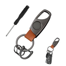 FSTURIOS Carabiner Keychain, Car Key Holder with 2 Key Rings & Anti-Lost D-Ring, Unisex Leather Key Fob Holder Key Chain (Matte Gray & Brown)